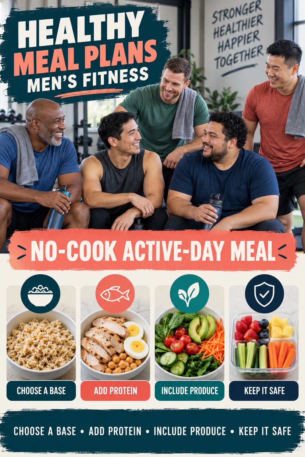 Healthy Meal Plans men’s fitness graphic titled No-Cook Active-Day Meal with four practical training prompts.