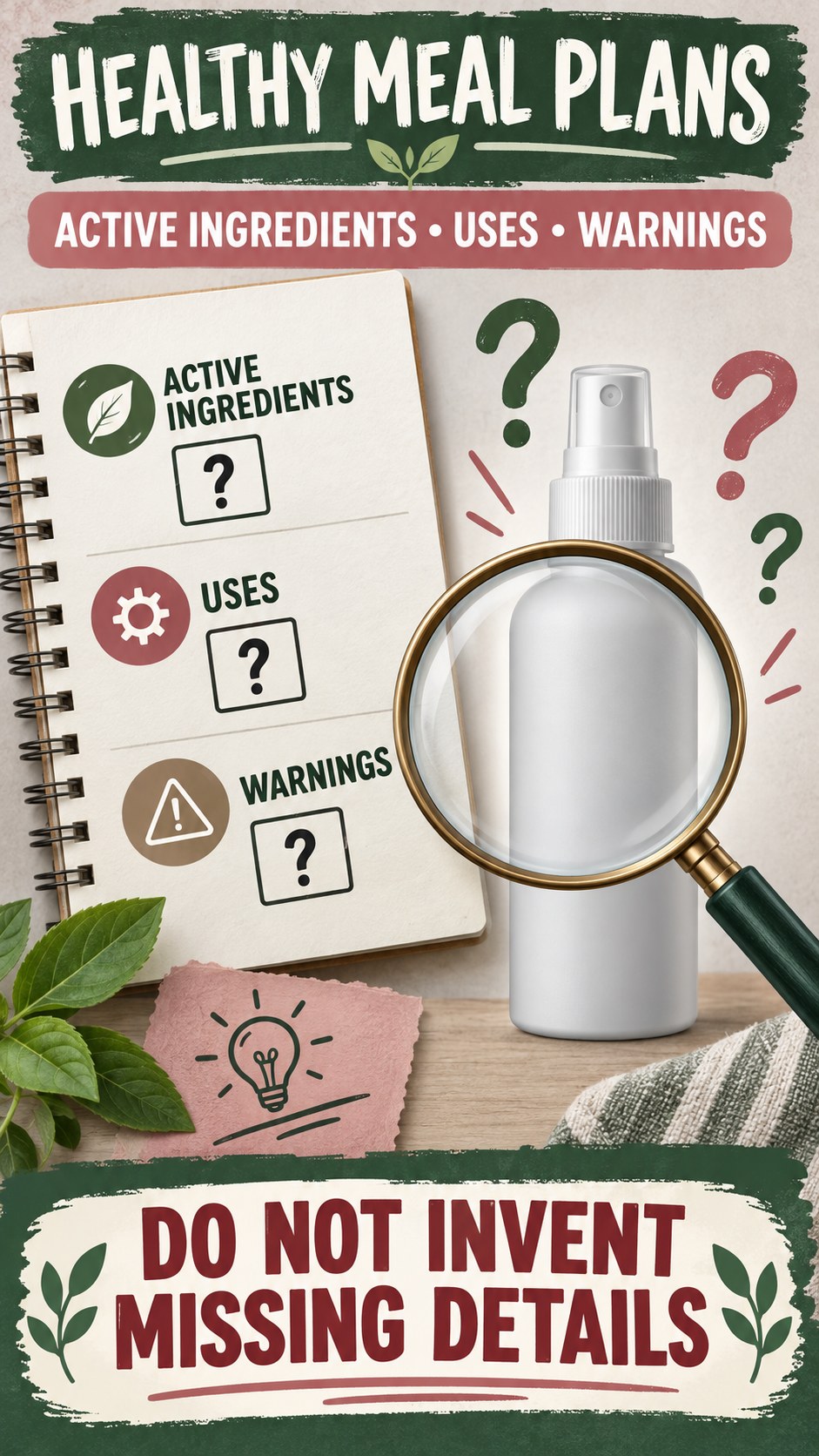 Missing Information Audit infographic for Healthy Meal Plans, showing a generic spray-label checklist that separates available facts, missing details, and evidence questions.