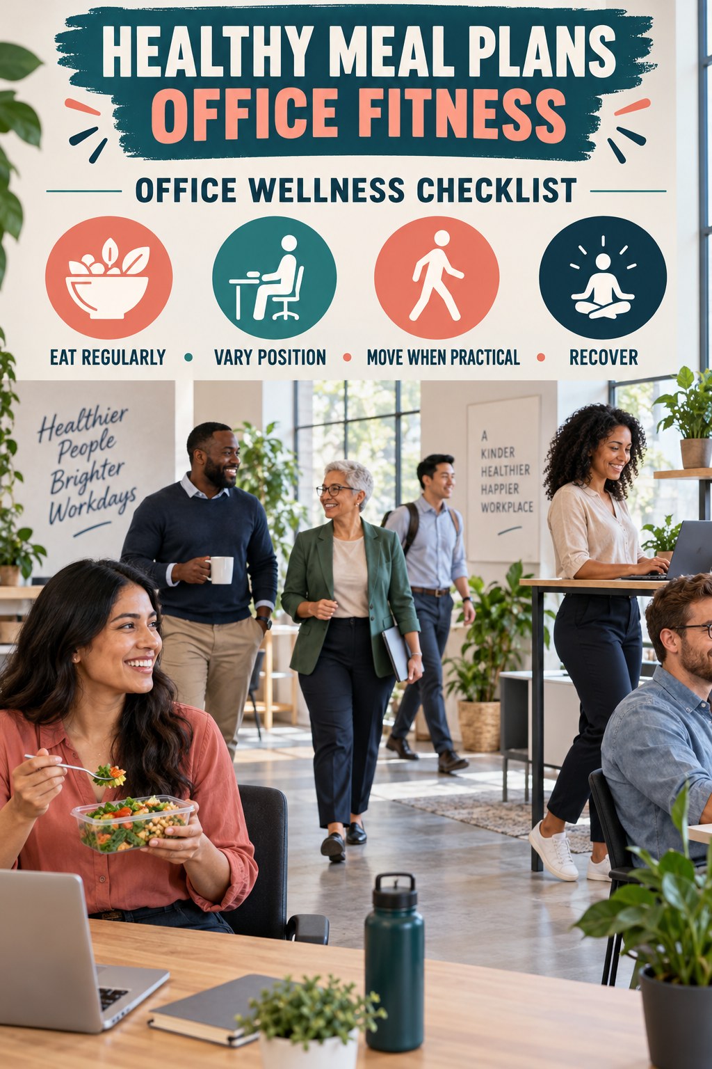 Healthy Meal Plans office-fitness graphic titled Office Wellness Checklist with four practical workday movement prompts.