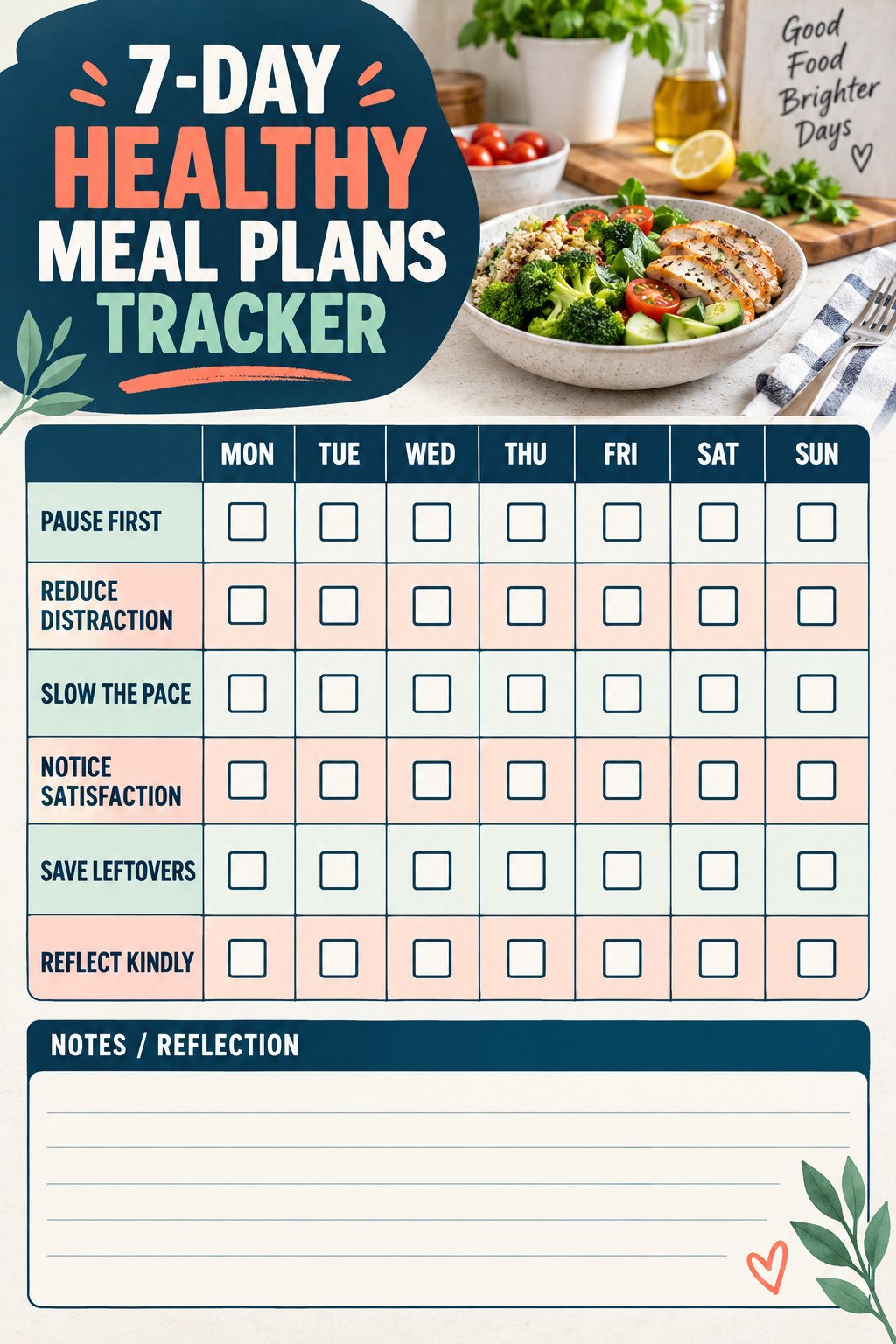 7-Day Healthy Meal Plans printable-style tracker graphic with six labeled rows, empty checkboxes, and a reflection area.