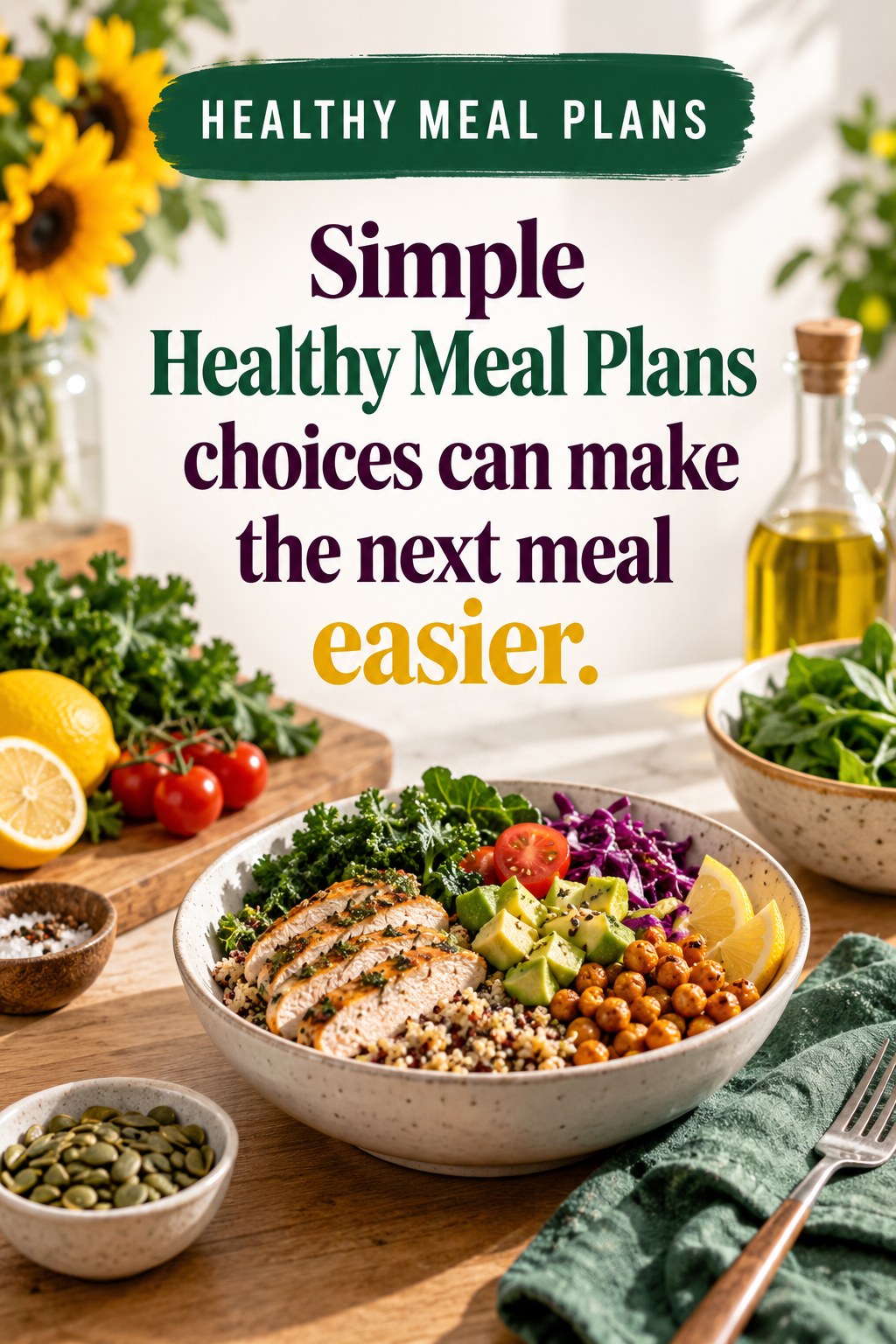 Original Healthy Meal Plans quote graphic reading “Simple Healthy Meal Plans choices can make the next meal easier.” in a board-relevant editorial design.