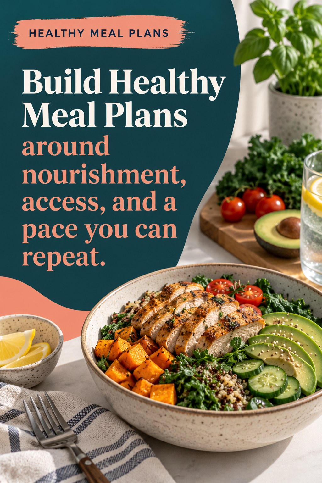 Original Healthy Meal Plans quote graphic reading “Build Healthy Meal Plans around nourishment, access, and a pace you can repeat.” in a board-relevant editorial design.