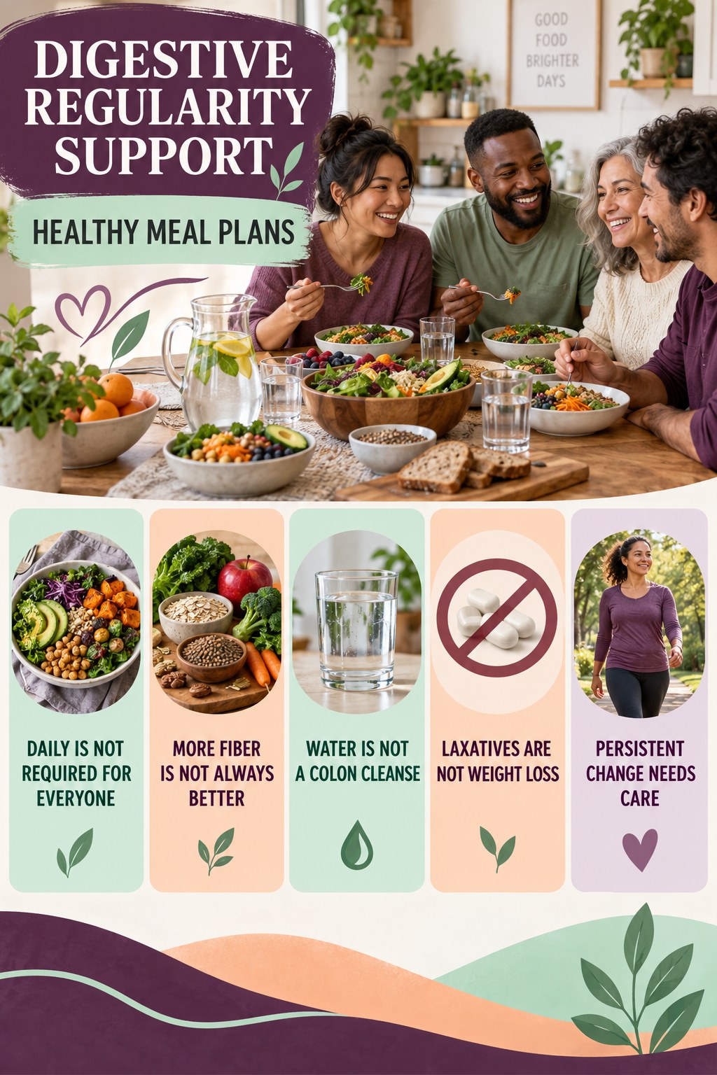 Regularity Myths and Facts infographic for Healthy Meal Plans with five practical food, hydration, movement, or routine actions and no cleanse claims.