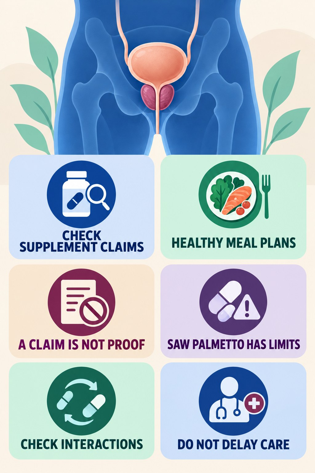 Saw Palmetto Claims Need Evidence infographic for Healthy Meal Plans with four concise prostate-health awareness points.