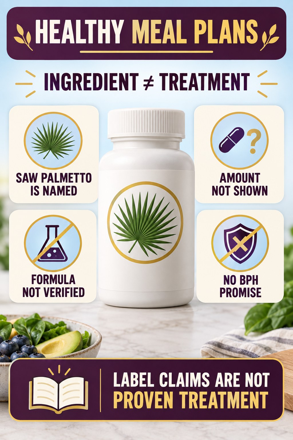 Saw Palmetto Presence Is Not a BPH Treatment Claim prostate supplement label-literacy infographic for Healthy Meal Plans with four careful reading points.