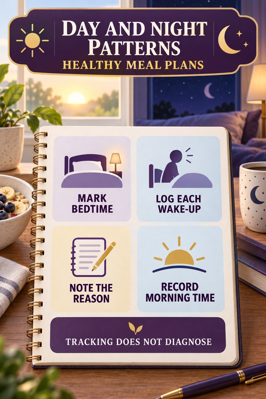 Separate Daytime and Nighttime Patterns urinary symptom tracking infographic for Healthy Meal Plans with four practical diary points and a non-diagnostic reminder.
