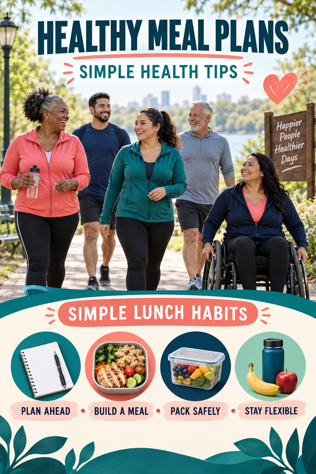 Healthy Meal Plans simple-health graphic titled Simple Lunch Habits with four practical wellness prompts.
