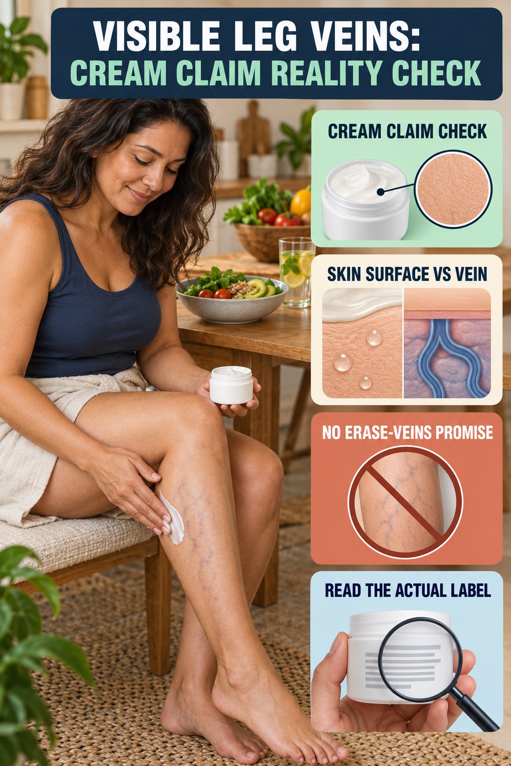 Cream Claim Reality Check infographic for Healthy Meal Plans, showing body-neutral visible-leg-vein appearance care and the boundary between temporary cosmetic support and treatment.