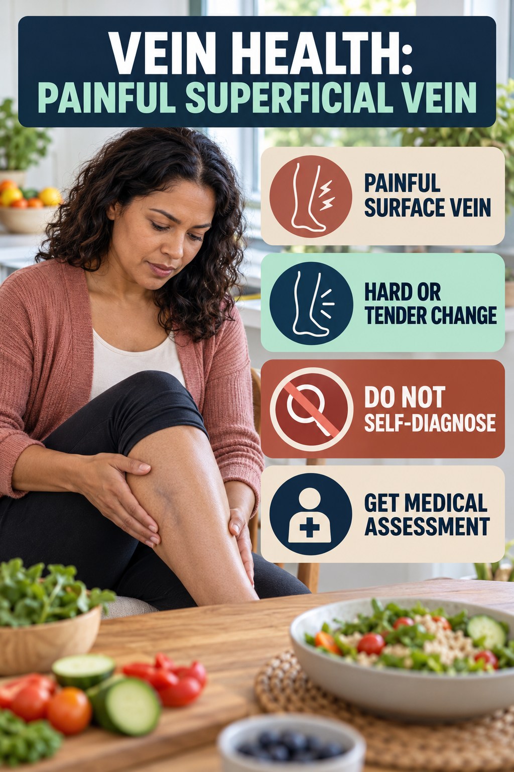 Painful Superficial Vein infographic for Healthy Meal Plans, explaining vein-health warning signs and the appropriate next action without diagnosing a condition.