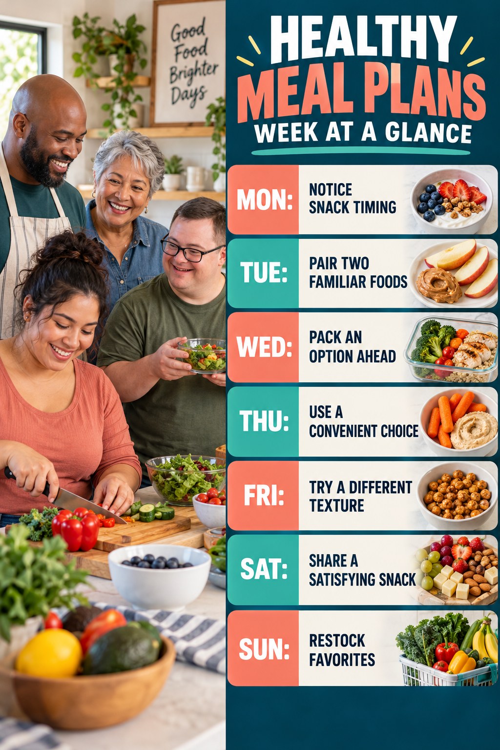 Weekly Healthy Meal Plans plan graphic with concise Monday-to-Sunday actions and flexible recovery guidance.