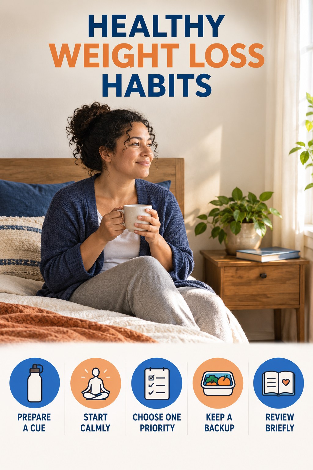 Healthy Morning Habits for Healthy Weight Loss with five readable habit cues and a realistic board-relevant wellness scene.