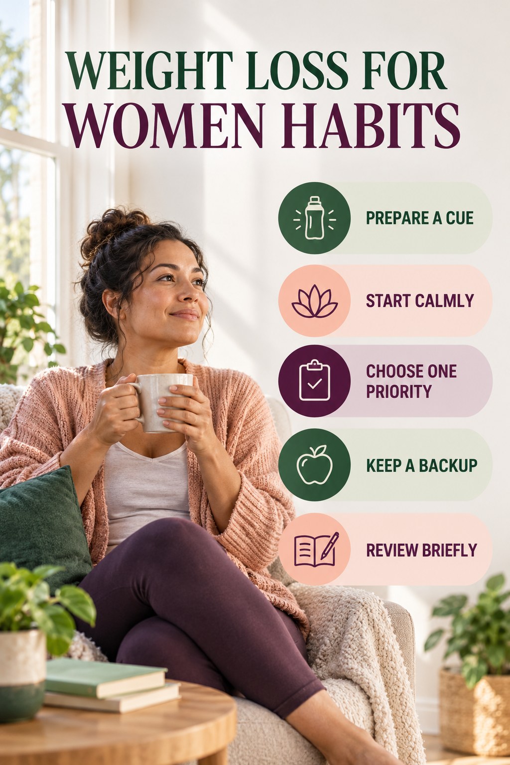 Healthy Morning Habits for Weight Loss for Women with five readable habit cues and a realistic board-relevant wellness scene.