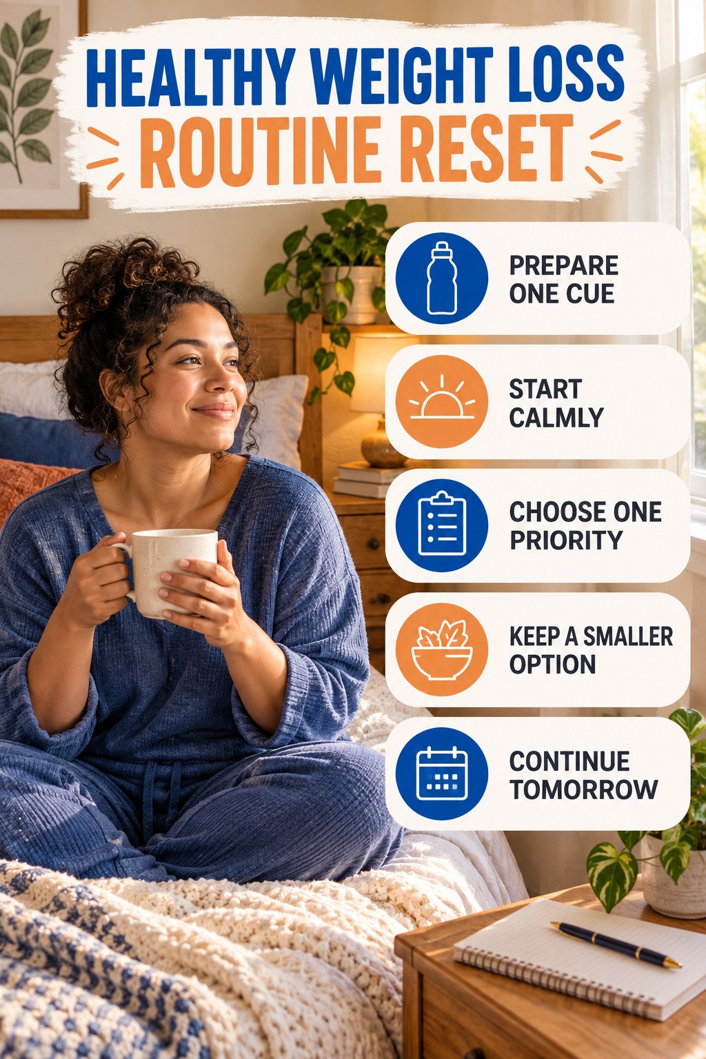 Healthy Morning Routine Reset for Healthy Weight Loss with five readable routine-reset cues and a realistic board-relevant wellness scene.