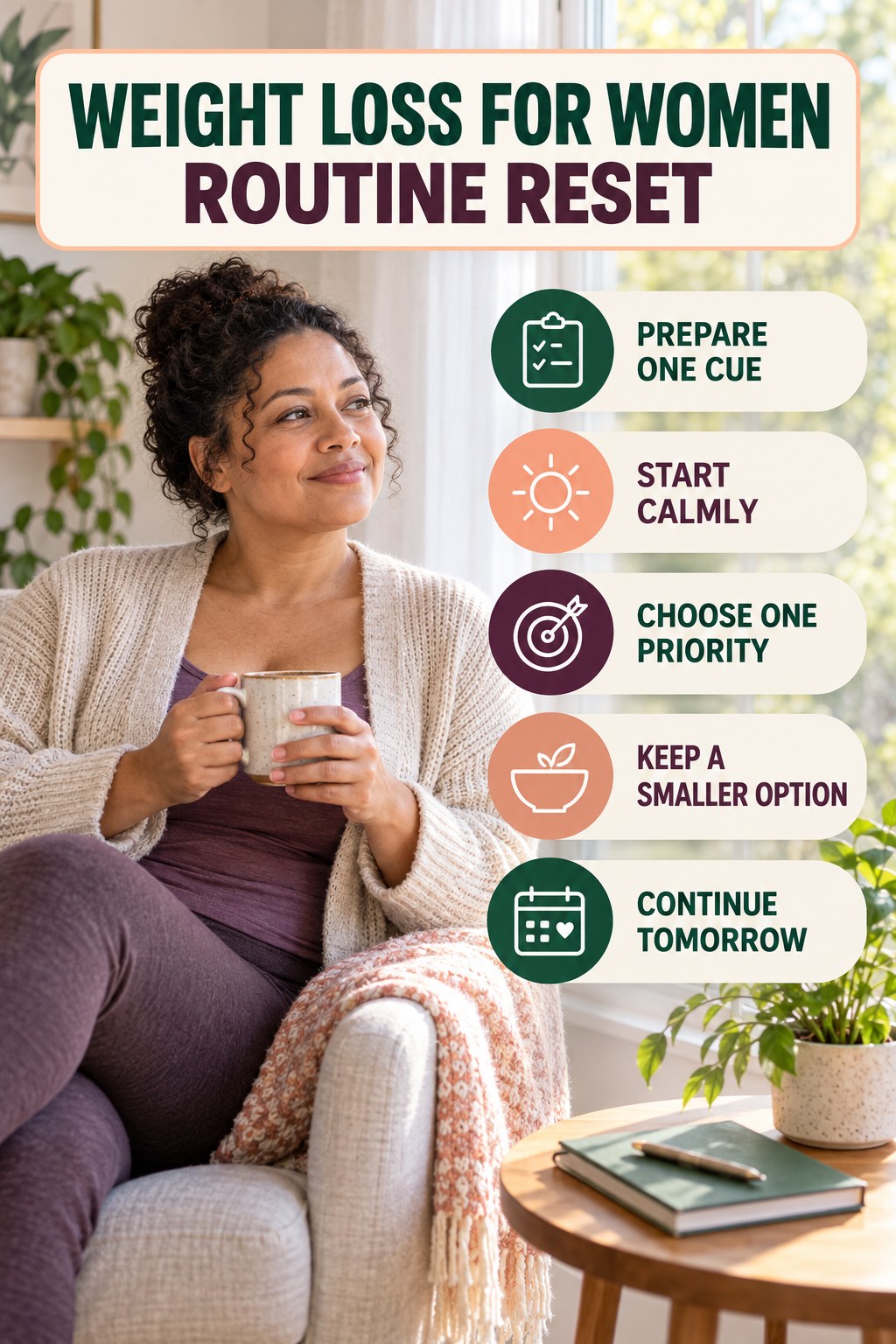Healthy Morning Routine Reset for Weight Loss for Women with five readable routine-reset cues and a realistic board-relevant wellness scene.