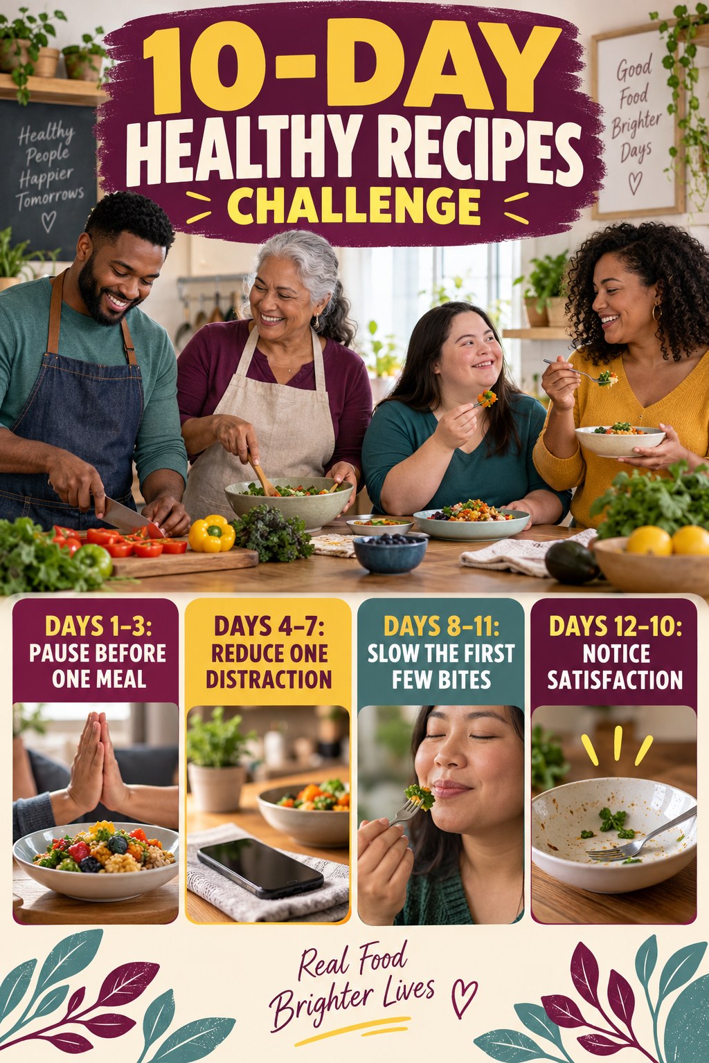 10-day Healthy Recipes challenge graphic showing four manageable milestones for consistent practice.