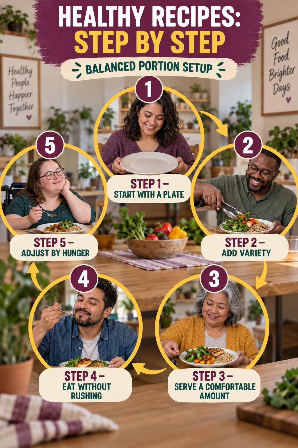 Healthy Recipes step-by-step graphic showing five numbered stages for balanced portion setup.