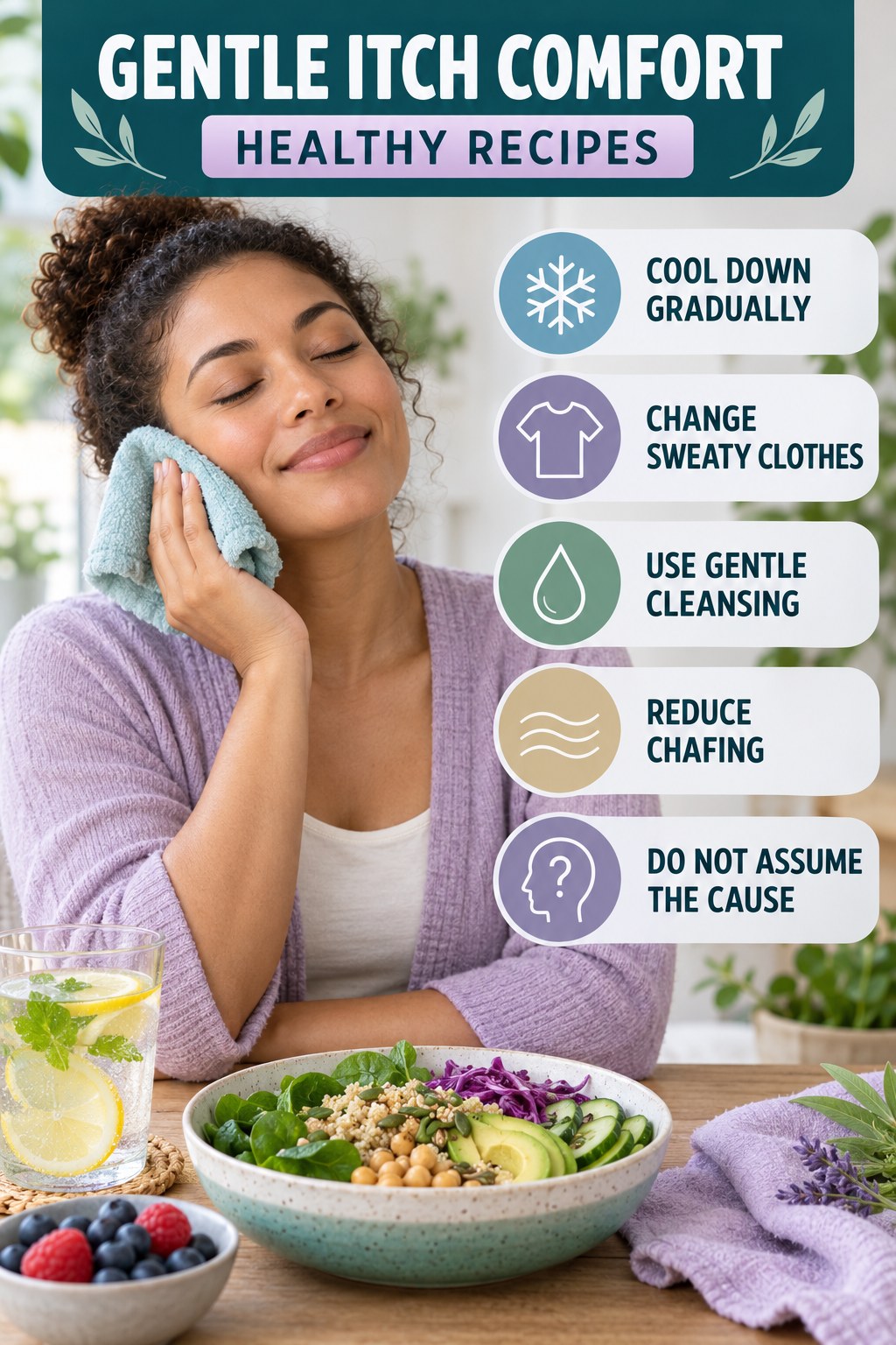 After-Activity Skin Comfort infographic for Healthy Recipes with five gentle itchy-skin comfort strategies and a non-diagnostic safety focus.