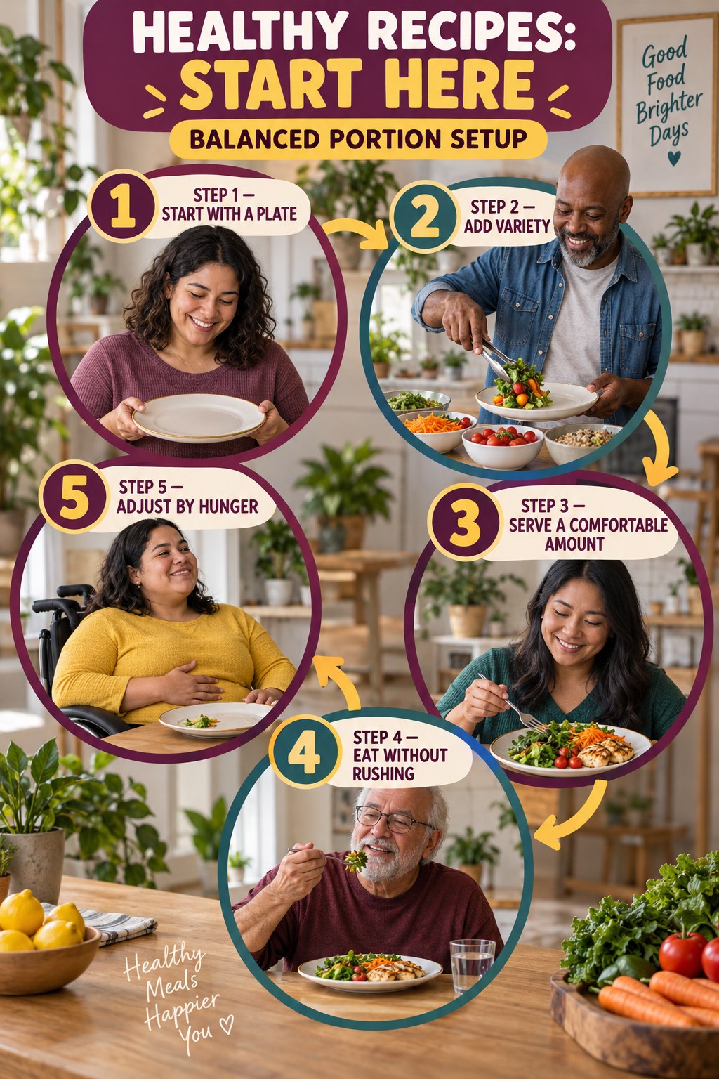 Healthy Recipes beginner guide graphic showing five manageable stages for balanced portion setup.