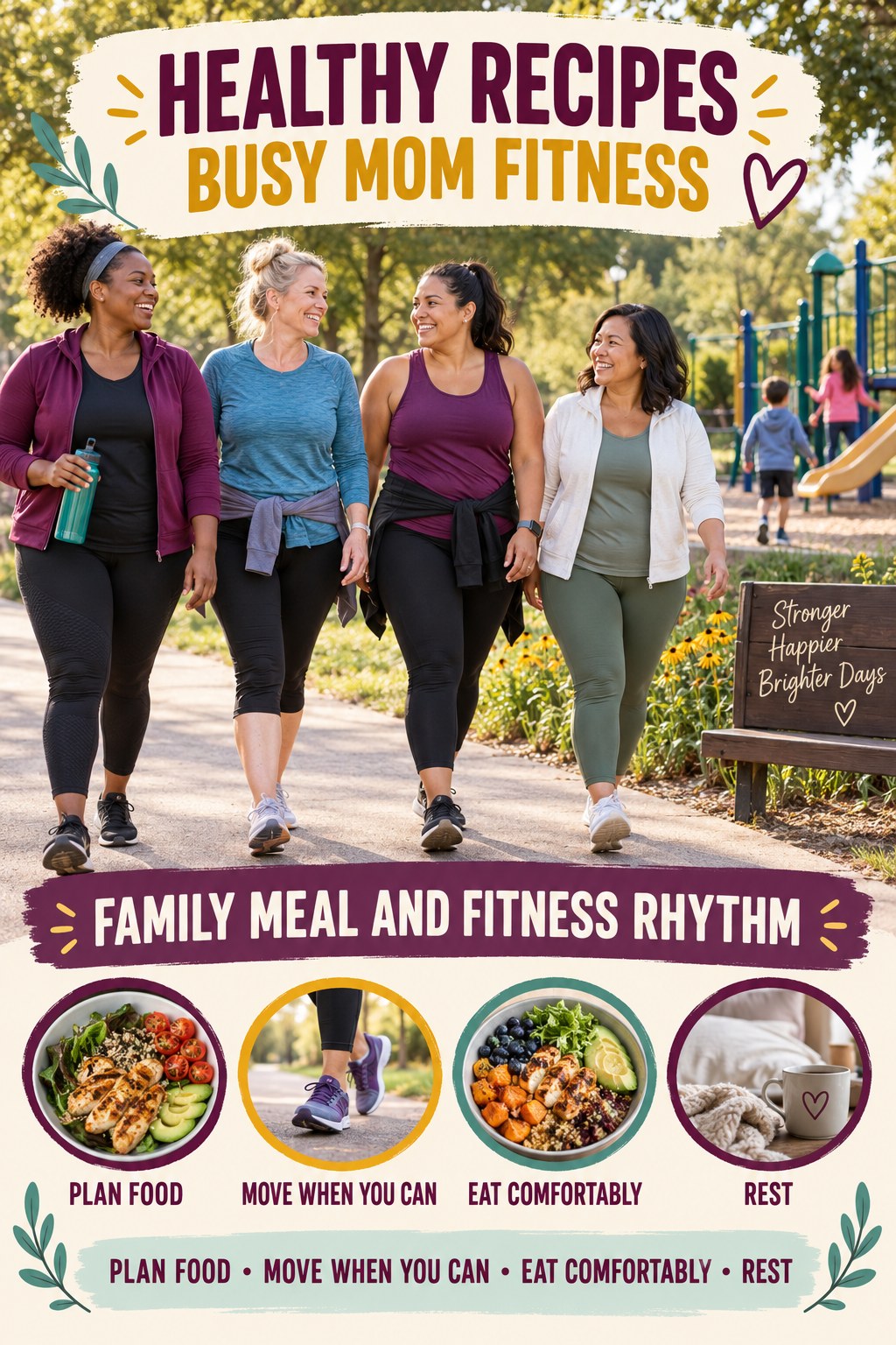Healthy Recipes busy-mom fitness graphic titled Family Meal and Fitness Rhythm with four practical movement prompts.