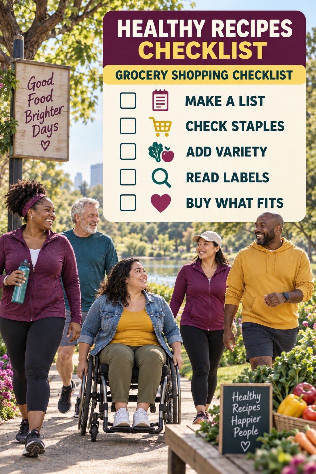Healthy Recipes checklist graphic titled Grocery Shopping Checklist with five clear practical wellness items.