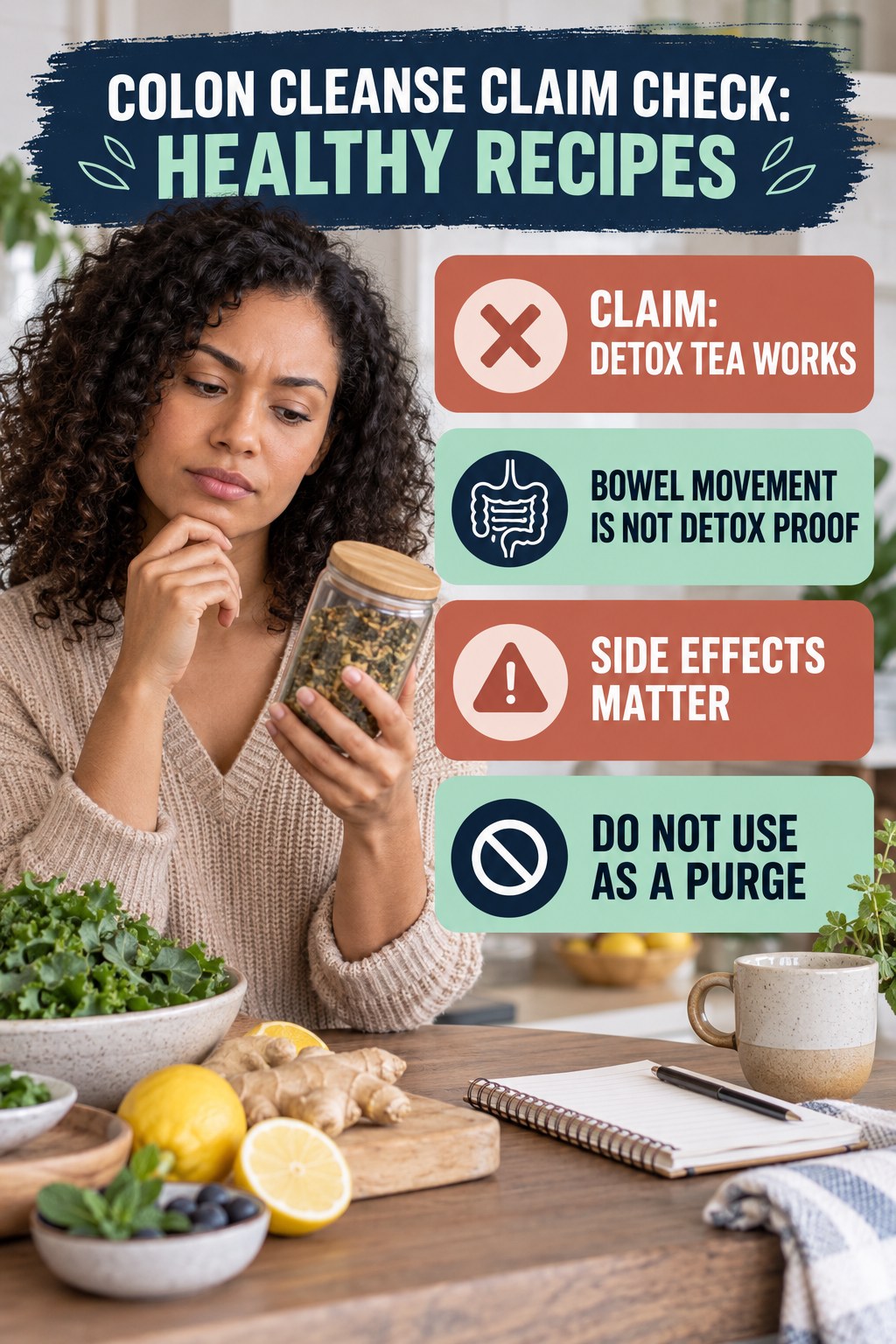 Detox Tea and Laxative Claims infographic for Healthy Recipes, separating a colon-cleanse marketing claim from evidence, reasonable conclusions, and safety context.