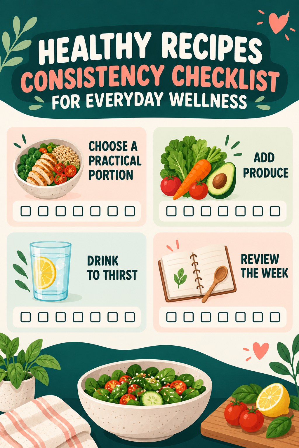 Healthy Recipes Consistency Checklist for Everyday Wellness infographic with checkboxes for choose a practical portion, add produce, drink to thirst, review the week.