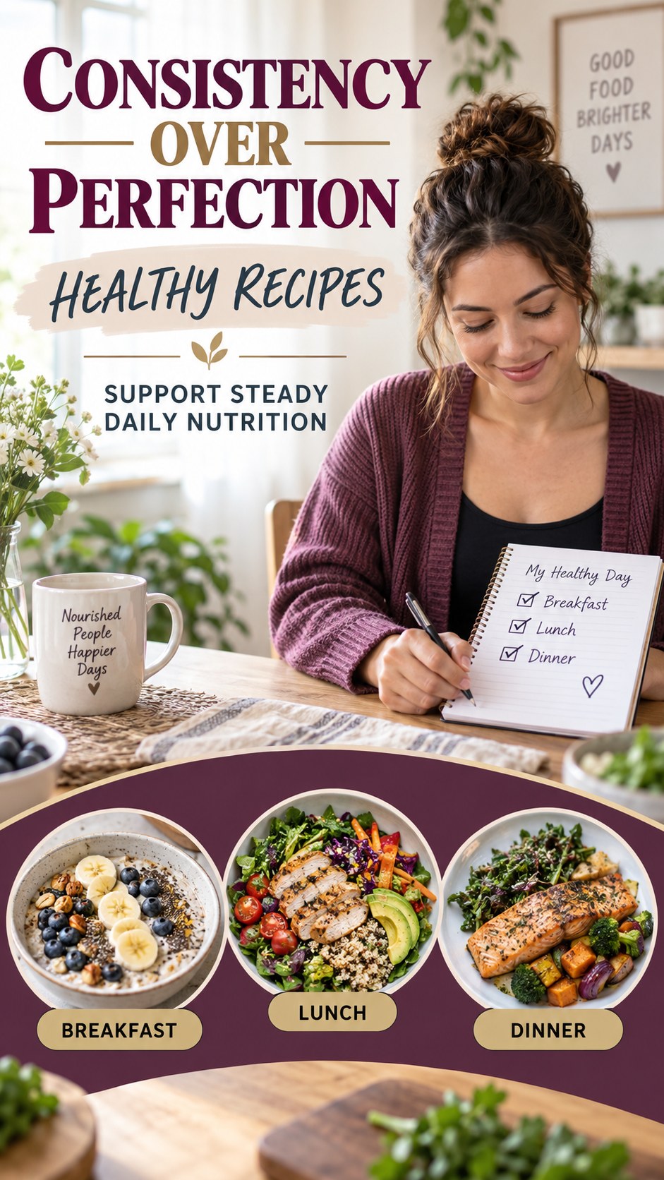 Steady Daily Nutrition infographic for Healthy Recipes, showing practical metabolism-support habits for an active lifestyle.