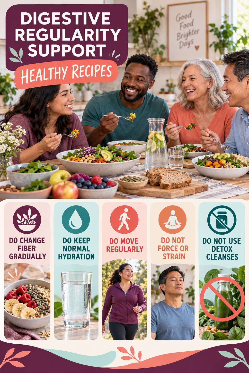 Digestive Wellness Do and Do Not infographic for Healthy Recipes with five practical food, hydration, movement, or routine actions and no cleanse claims.