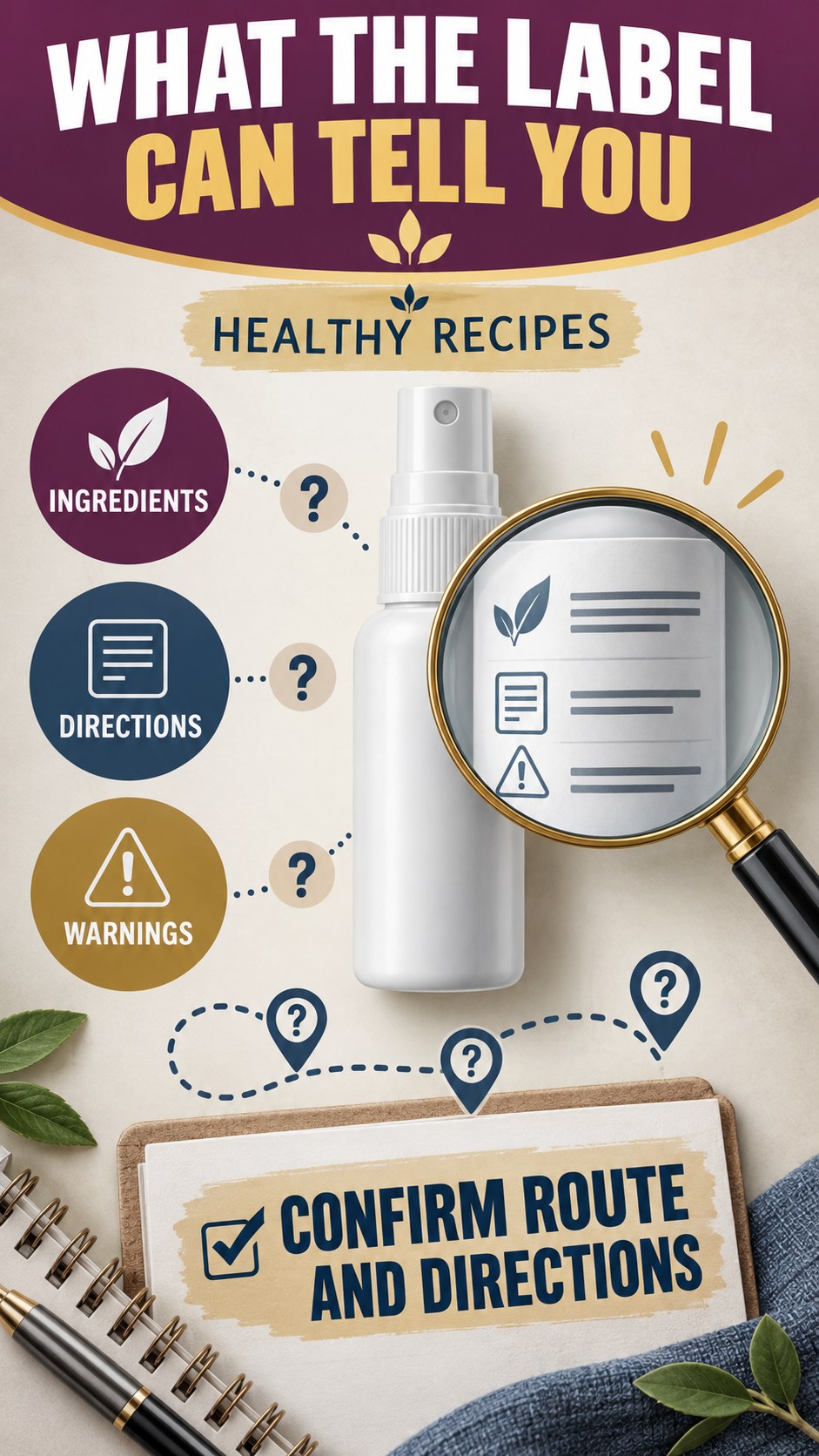 Directions and Route Review infographic for Healthy Recipes, showing a generic spray-label checklist that separates available facts, missing details, and evidence questions.