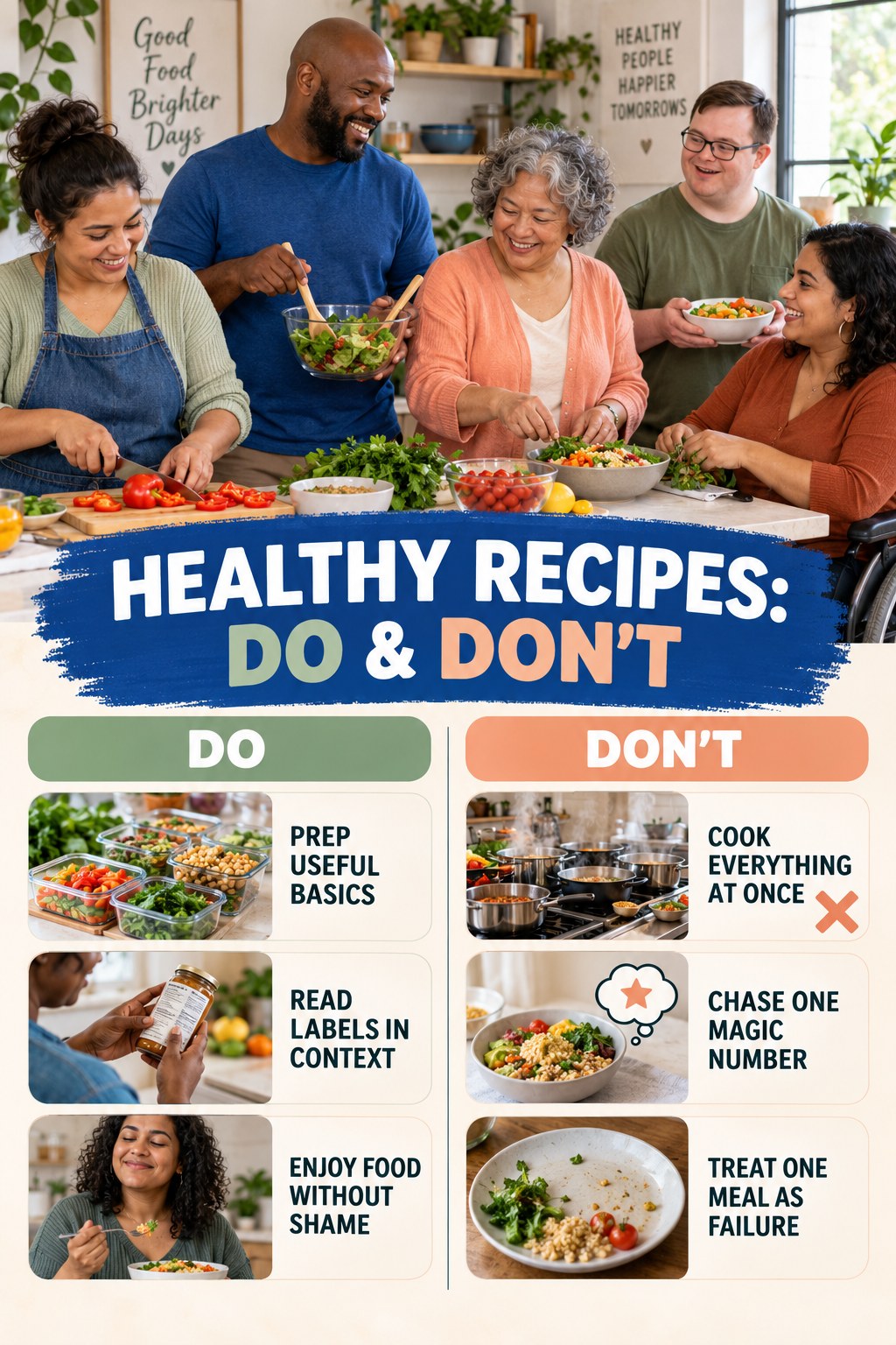 Healthy Recipes Do and Don’t comparison graphic showing three practical behavior pairs for simple cooking.