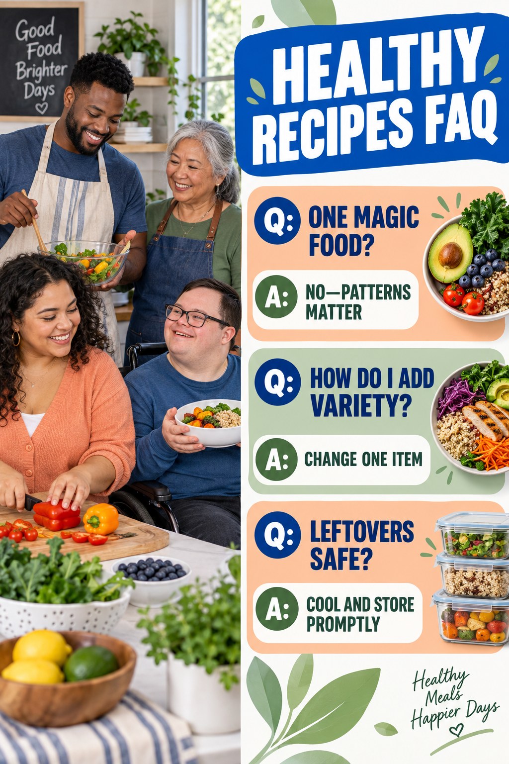 Healthy Recipes FAQ graphic with three concise questions and practical answers for beginners.