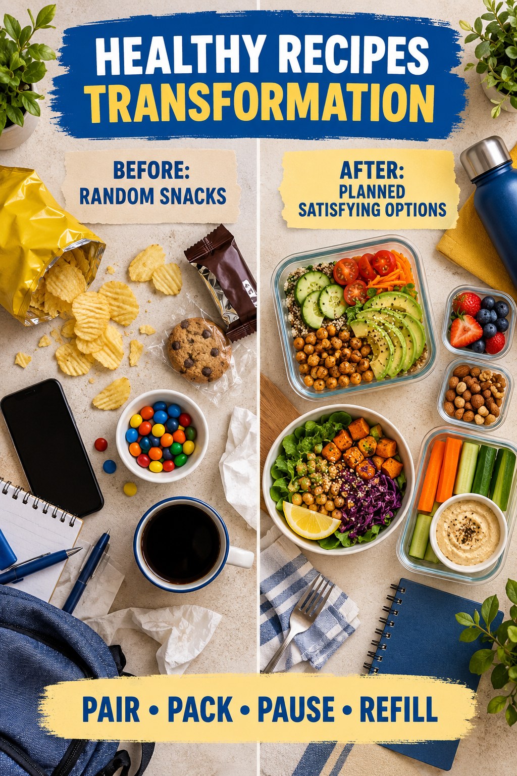 Healthy Recipes habit transformation graphic comparing random snacks with planned satisfying options using four practical steps.
