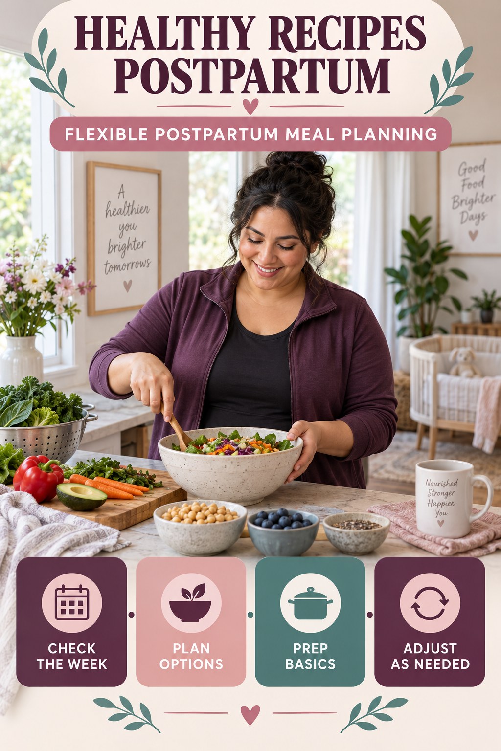 Healthy Recipes postpartum graphic titled Flexible Postpartum Meal Planning with four gradual recovery-aware prompts.