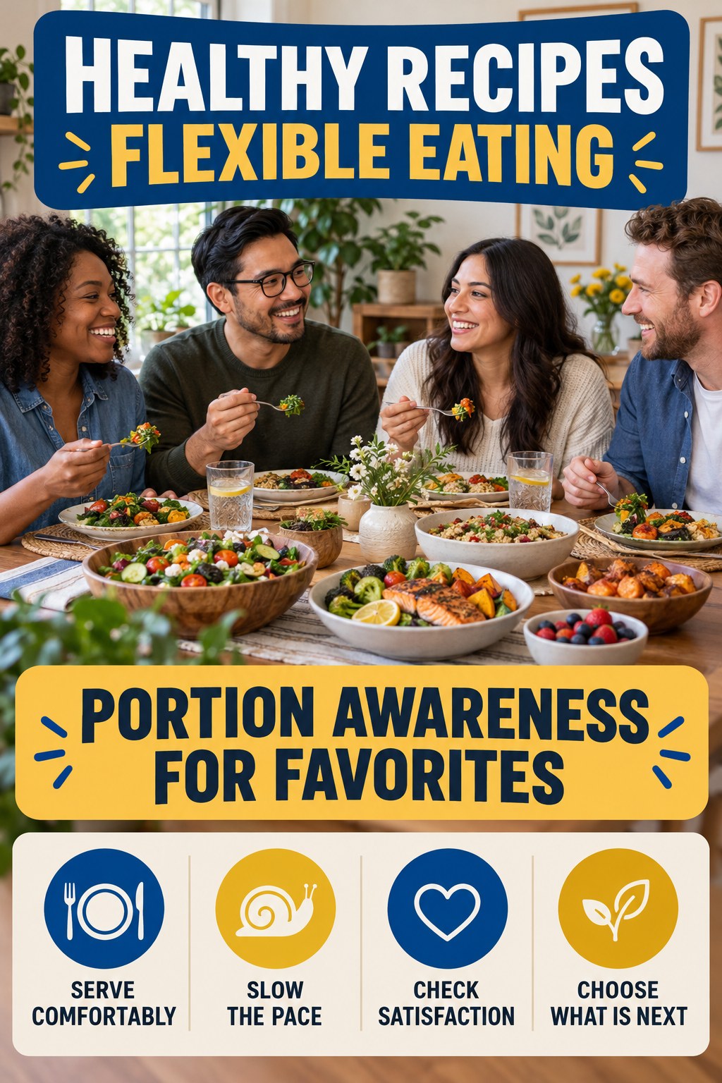 Healthy Recipes flexible eating graphic titled Portion Awareness for Favorites with four practical balance prompts.