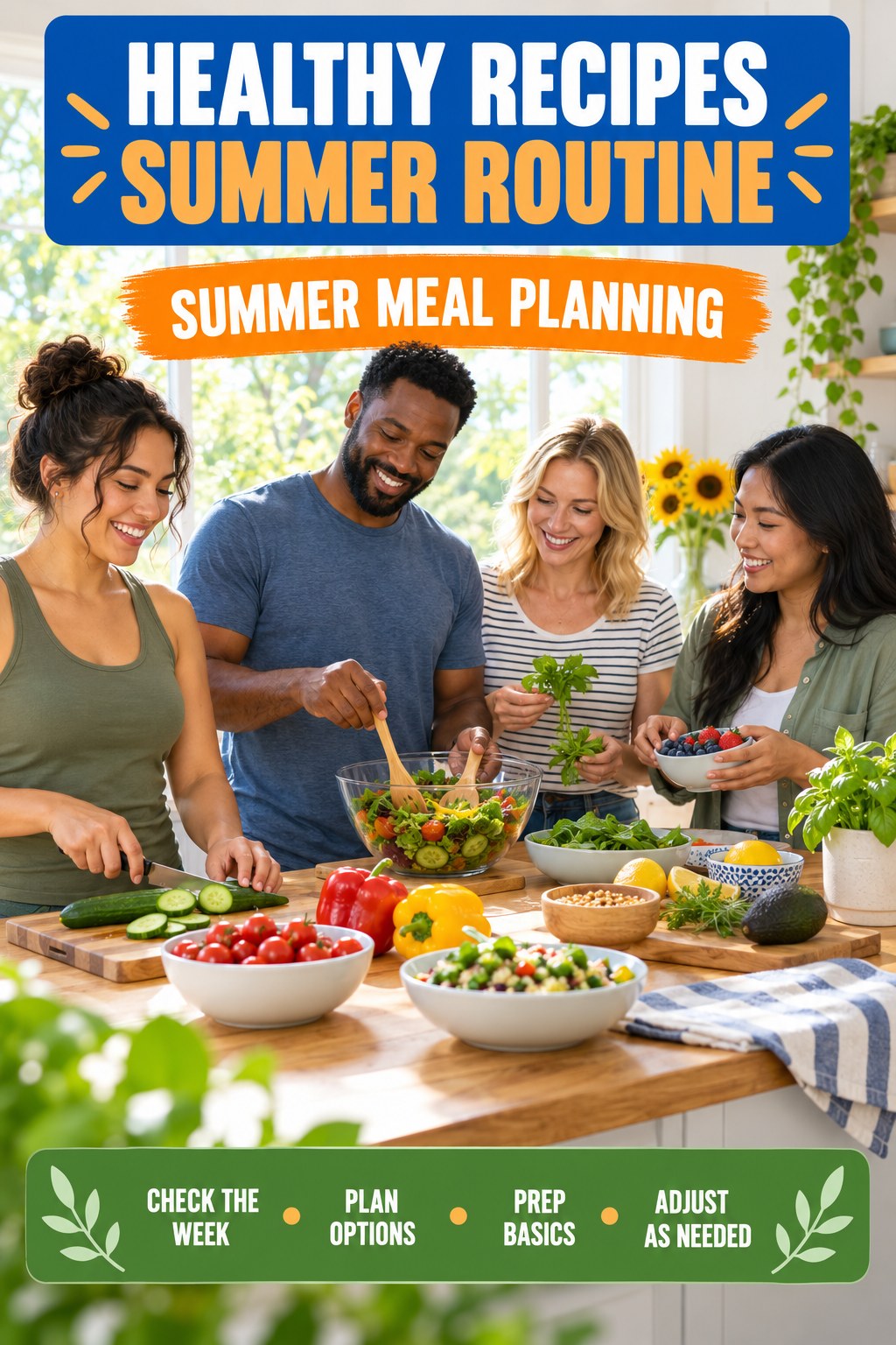 Healthy Recipes summer routine graphic titled Summer Meal Planning with four practical wellness prompts.