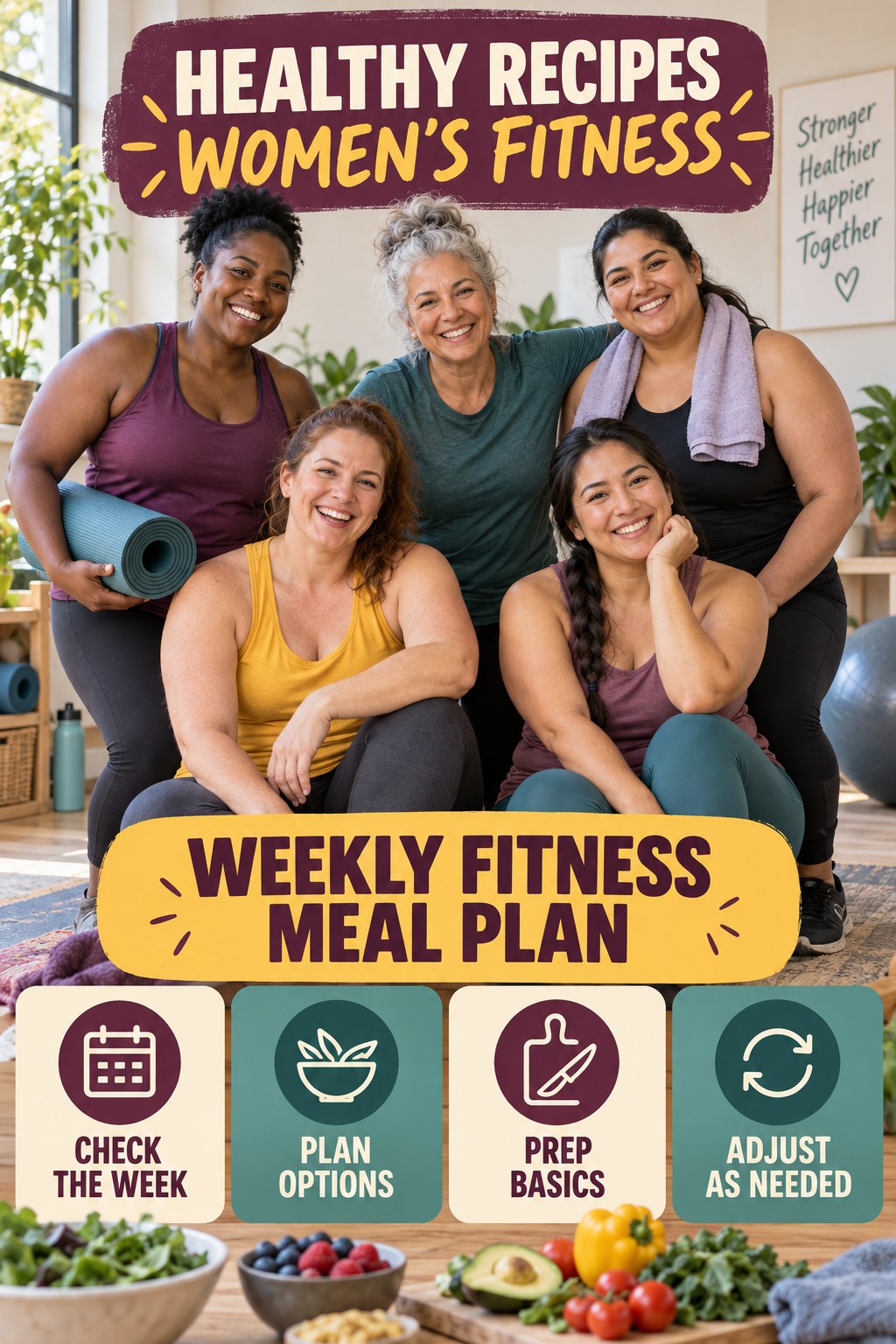 Healthy Recipes women’s fitness graphic titled Weekly Fitness Meal Plan with four practical training prompts.