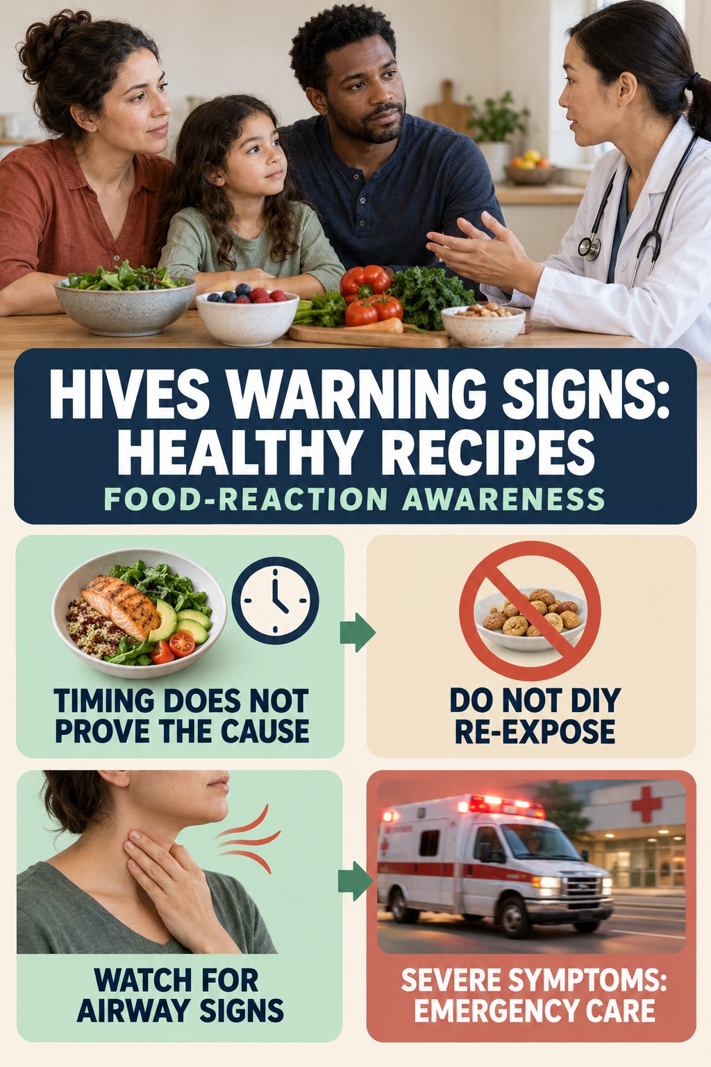 Food-Reaction Awareness infographic for Healthy Recipes, highlighting urgent breathing, throat, swelling, fainting, and rapid-progression warning signs without diagnosing hives.