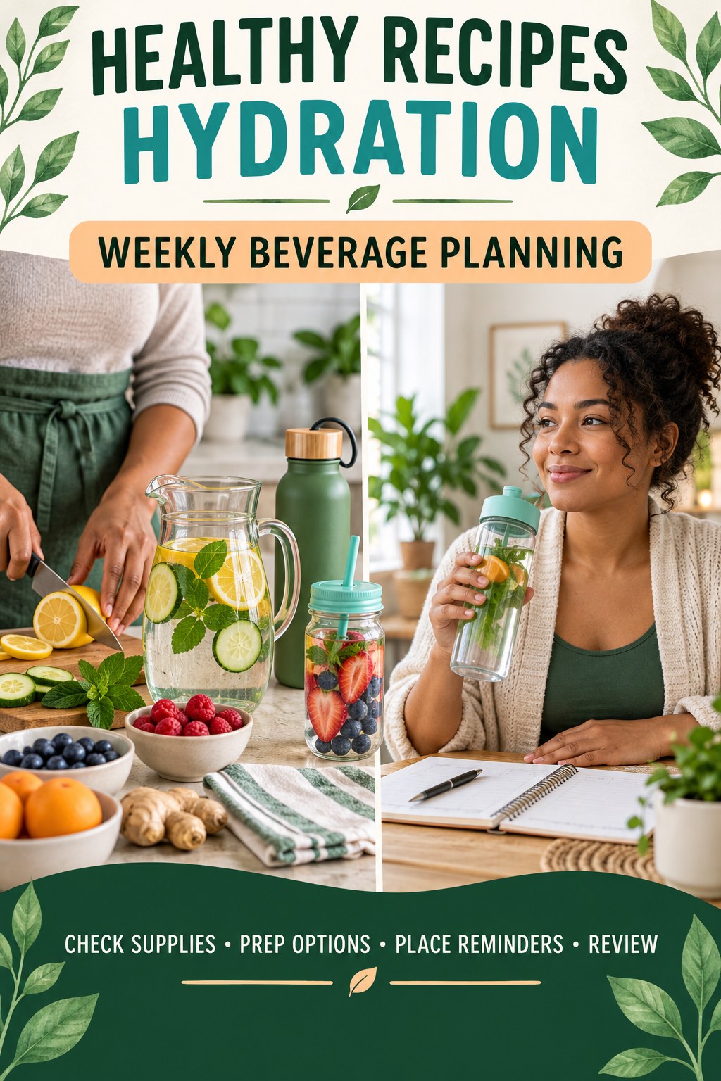 Healthy Recipes hydration graphic titled Weekly Beverage Planning with four flexible water-habit prompts and no fixed intake target.
