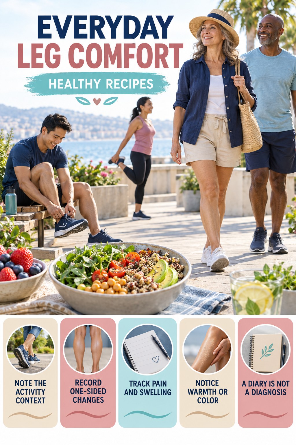 Leg Comfort Pattern Tracker infographic for Healthy Recipes with five gentle movement, position, footwear, recovery, or safety actions.