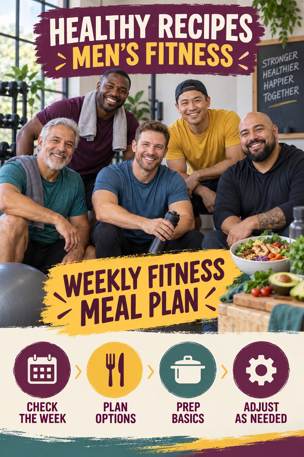 Healthy Recipes men’s fitness graphic titled Weekly Fitness Meal Plan with four practical training prompts.