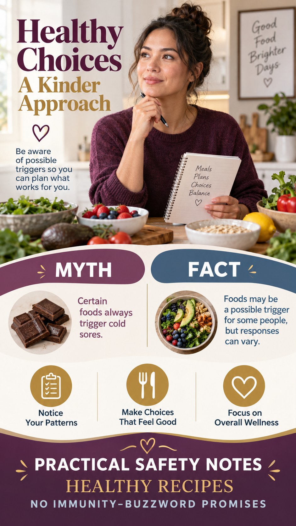 No Miracle Food Claims infographic for Healthy Recipes, explaining that possible cold-sore triggers vary by person.