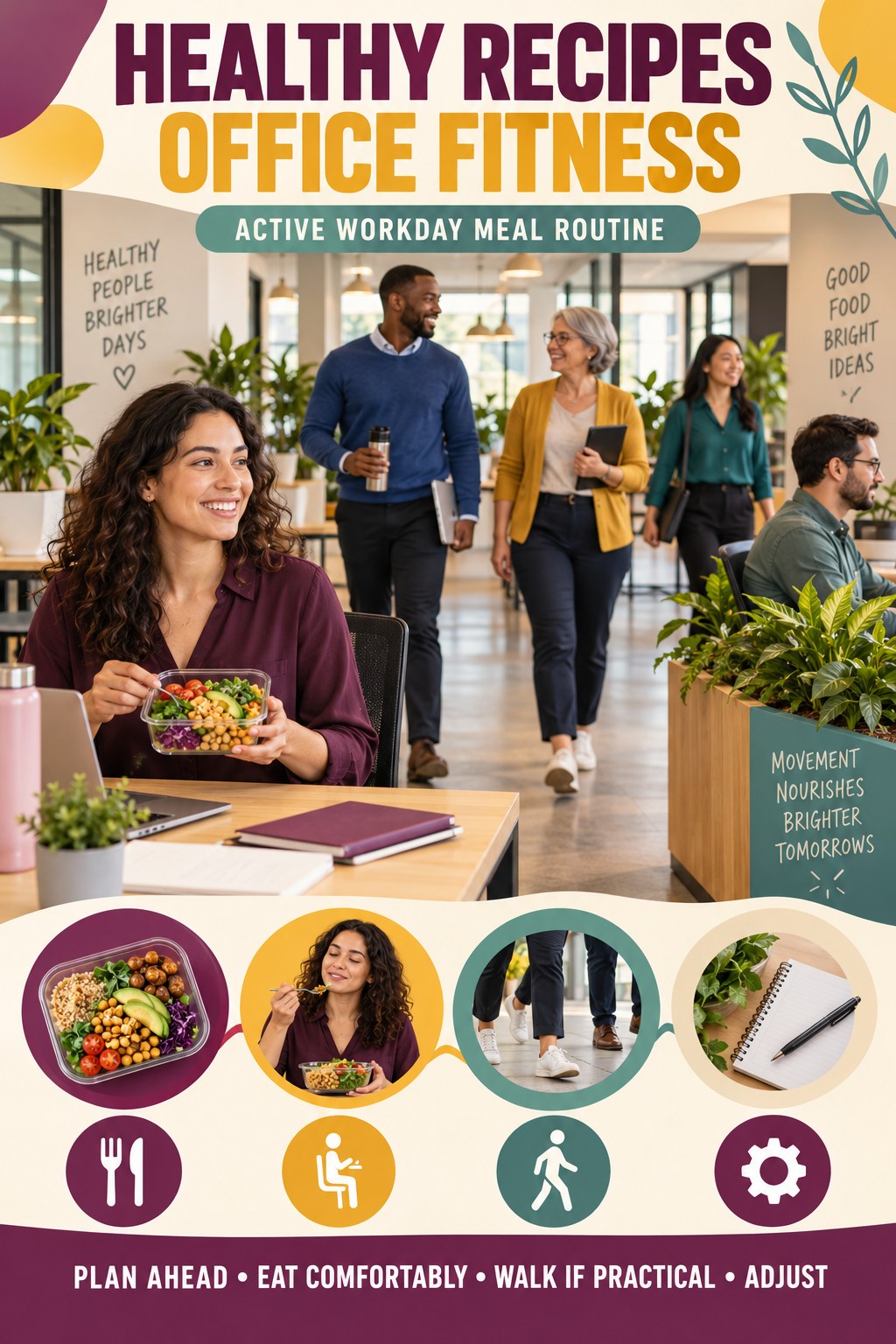 Healthy Recipes office-fitness graphic titled Active Workday Meal Routine with four practical workday movement prompts.