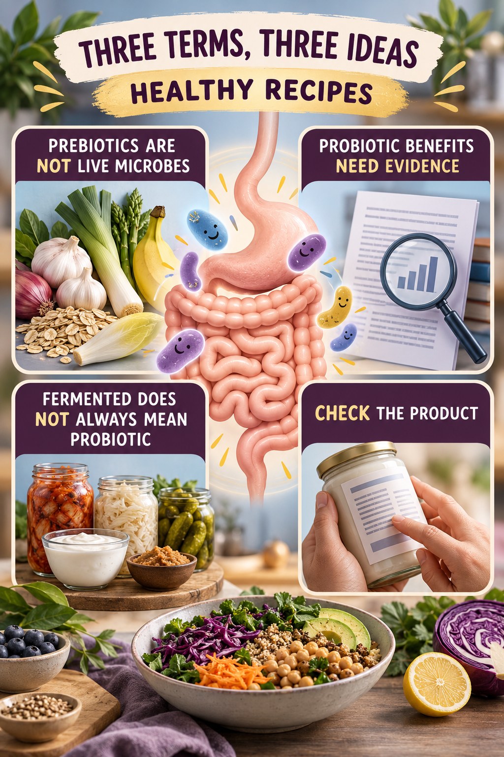 Prebiotics, Probiotics, and Fermented Foods educational infographic for Healthy Recipes with four evidence-aware points.