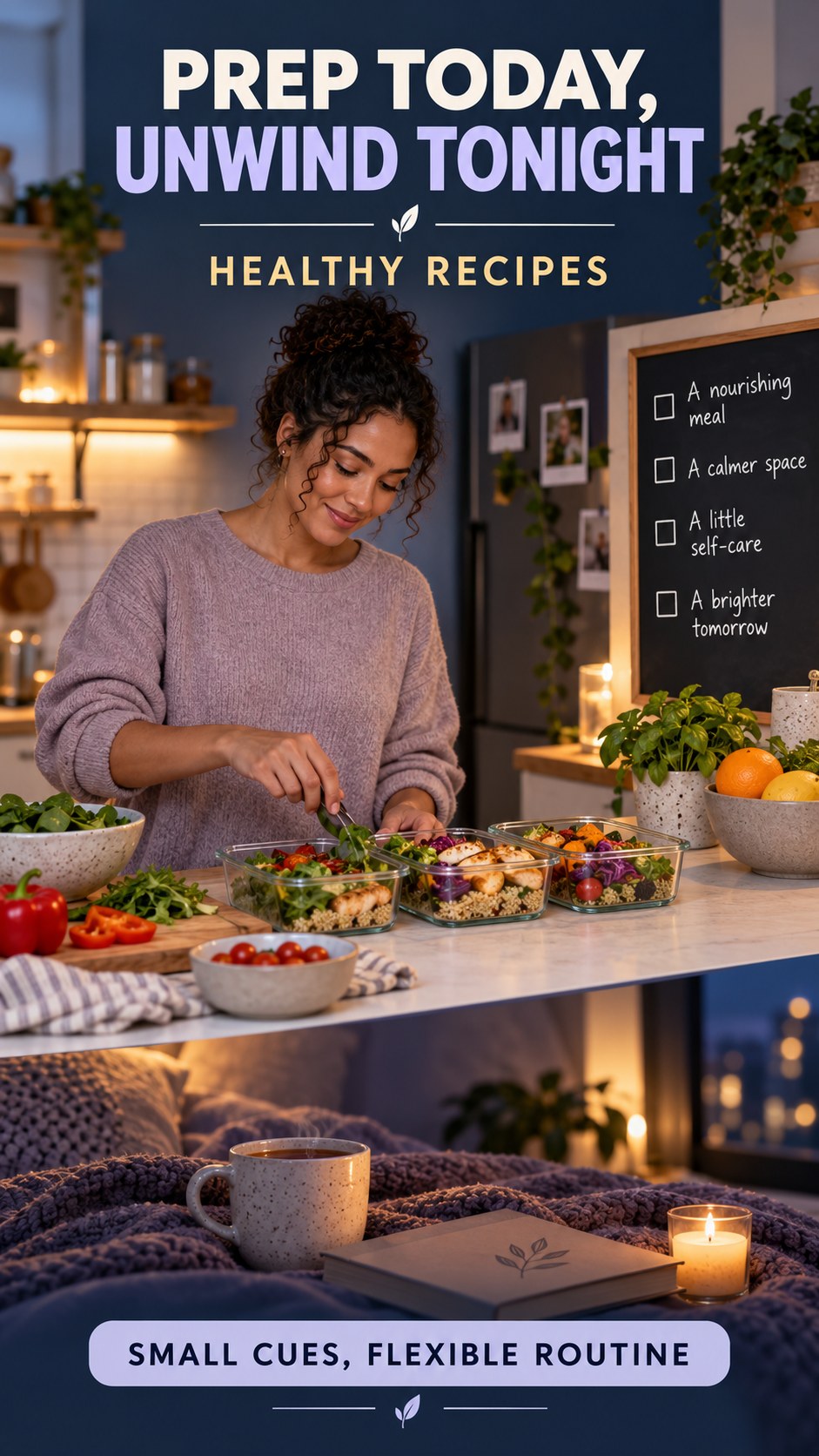 Meal Prep and Sleep Routine infographic for Healthy Recipes, showing a flexible and calming evening wellness routine.