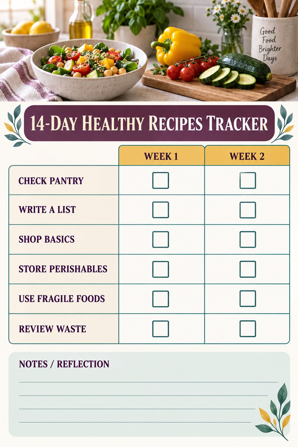 14-Day Healthy Recipes printable-style tracker graphic with six labeled rows, empty checkboxes, and a reflection area.