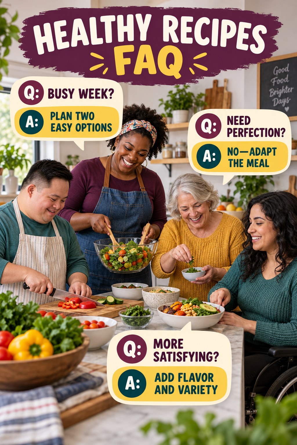 Healthy Recipes FAQ graphic with three concise questions and practical answers for beginners.