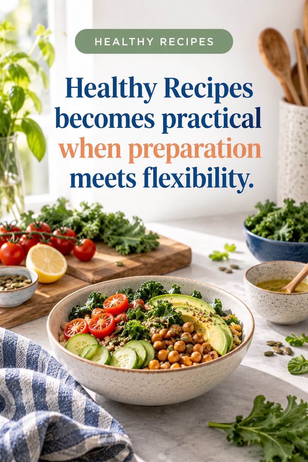 Original Healthy Recipes quote graphic reading “Healthy Recipes becomes practical when preparation meets flexibility.” in a board-relevant editorial design.