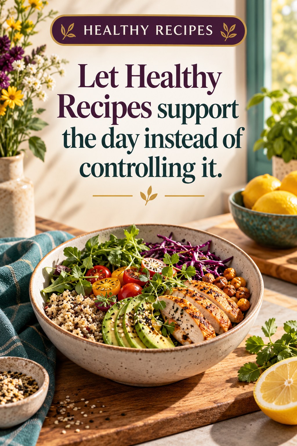 Original Healthy Recipes quote graphic reading “Let Healthy Recipes support the day instead of controlling it.” in a board-relevant editorial design.