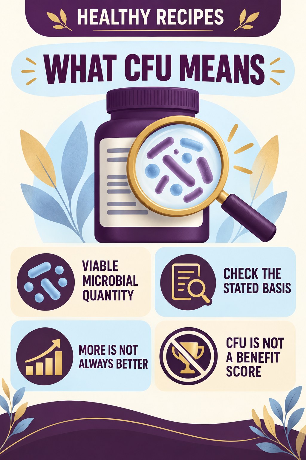 Read CFU as a Quantity, Not a Quality Score infographic for Healthy Recipes with four concise probiotic-label reading points.