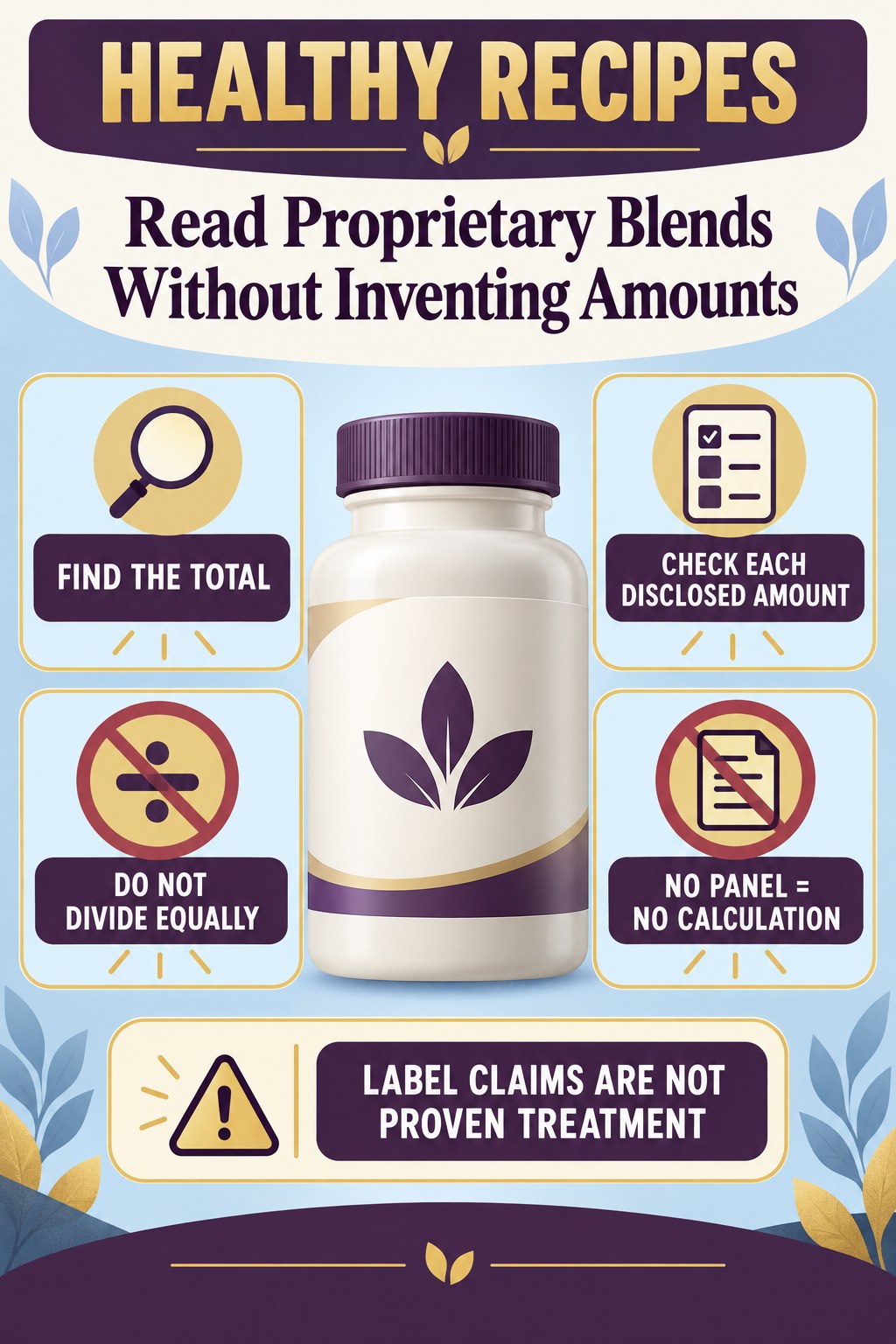 Read Proprietary Blends Without Inventing Amounts prostate supplement label-literacy infographic for Healthy Recipes with four careful reading points.